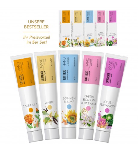 UMIDO 5er Set BESTSELLER Handlotion |Ringelblume | Vanille | Sonnenblume |Rice Milk & Cherry Blossom | Holy Lotus & Bergamotte